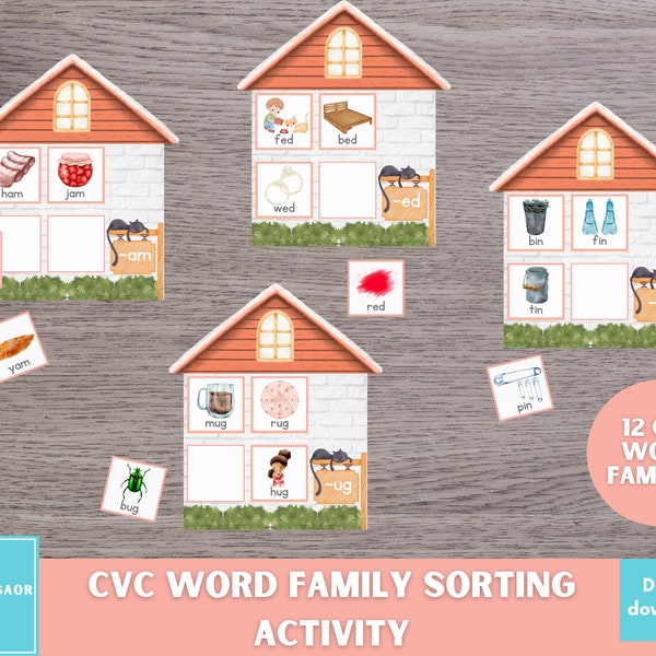 Word Family Activity, Word Family Houses, Phonics and Rhyming Printable, CVC Word Sorting, Reading Skills for Preschool and Kindergarten