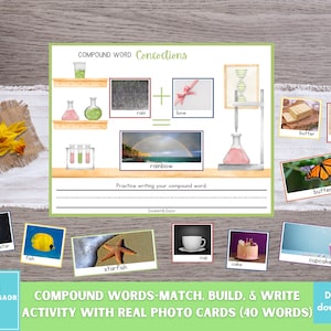 Puede incluir: Una actividad imprimible para que los niños aprendan palabras compuestas. La actividad incluye 40 tarjetas de fotos reales con imágenes de cosas como una mariposa, un cupcake y una estrella de mar. Las tarjetas están diseñadas para ser utilizadas con un tema de experimento científico, con imágenes de vasos de precipitados y tubos de ensayo.