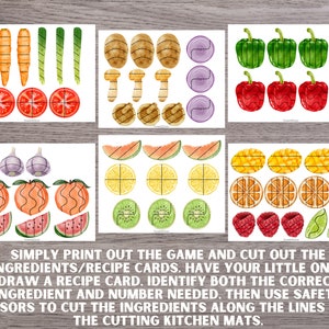 May include: A set of printable recipe cards featuring various fruits and vegetables, including carrots, onions, potatoes, peppers, garlic, peaches, watermelon, lemons, limes, kiwi, oranges, and raspberries. Each ingredient is divided into sections with lines for cutting.