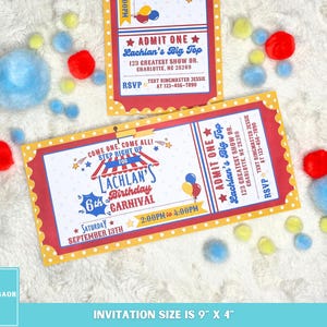 Faire-part de fête d'anniversaire de carnaval à imprimer, faire-part de billet d'anniversaire de cirque, billet de carnaval d'invitation, fête à thème fête foraine pour enfants