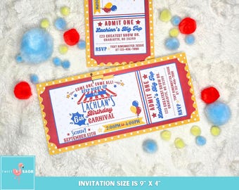 May include: A red and yellow carnival ticket invitation for a 6th birthday party. The invitation says "Come one, come all! Step right up for Lachlan's 6th Birthday Carnival" and includes the date, time, and location of the party. The invitation is 9 inches by 4 inches.