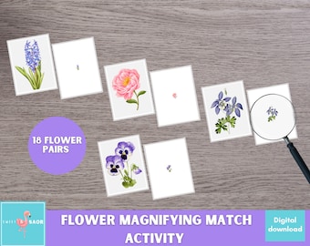 May include: A printable flower matching game with 18 pairs of flowers. The game includes a magnifying glass to help players find the matching pairs. The text "18 Flower Pairs" and "Flower Magnifying Match Activity" is included on the printable cards.