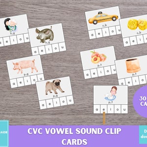 Tarjetas con clip de sonido de vocales CVC, fonética imprimible, tarjetas con clip de sonido medio CVC, fonética imprimible de la serie rosa Montessori