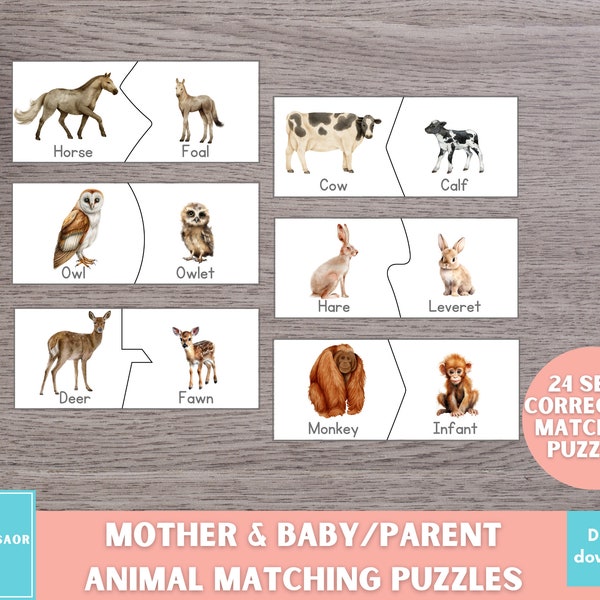 Attività di abbinamento animali madre e bambino, puzzle autocorrettivi primaverili, stampabile Montessori, studio della natura per la scuola materna e l'asilo