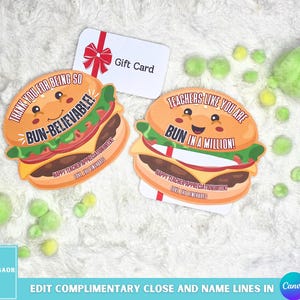 Burger Restaurant-cadeaukaarthouder, afdrukbare cadeaukaarthouder leraar waardering, gepersonaliseerde bedankkaart voor leraar