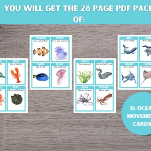 May include: A set of 16 ocean animal movement cards. Each card features a different ocean animal and a verb describing its movement, such as "swim", "float", "sway", "zap", "chomp", "glide", "scuttle", "puff", "slide", "wiggle", "parade", "wave", "dive", "jump", "paddle", and "snap".