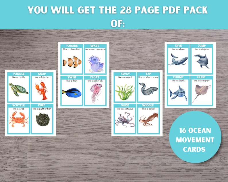 May include: A set of 16 ocean animal movement cards. Each card features a different ocean animal and a verb describing its movement, such as "swim", "float", "sway", "zap", "chomp", "glide", "scuttle", "puff", "slide", "wiggle", "parade", "wave", "dive", "jump", "paddle", and "snap".