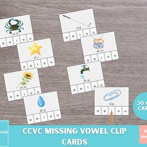 Cartes à clip voyelles manquantes CCVC, Série bleue à imprimer, Matériel de phonétique Montessori, Lecture pour la maternelle, Alphabétisation à l'école à la maison