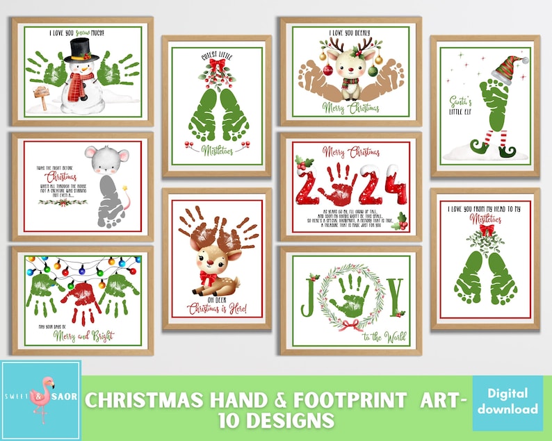 May include: Ten printable Christmas handprint and footprint art designs. The designs feature a variety of Christmas themes, including reindeer, Santa, and Christmas trees. The designs are perfect for creating personalized Christmas gifts.