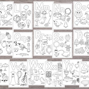 May include: Black and white alphabet flash cards with illustrations of objects starting with each letter.  The letters are in uppercase and lowercase.  The illustrations include a koala, a lion, a monkey, an owl, a pig, a quail, a rabbit, a snail, a turkey, a unicorn, a volcano, a whale, a xylophone, a yak, and a zebra.
