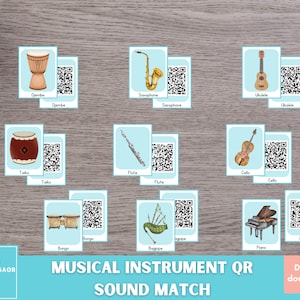 Schede di identificazione degli strumenti musicali e i loro suoni, schede di identificazione dei suoni degli strumenti musicali, gioco di abbinamento dei codici QR stampabile