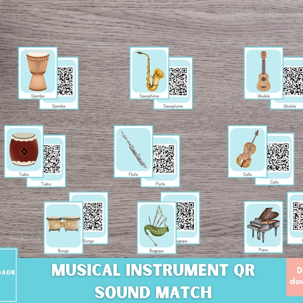 Musical Instrument Identification Cards & Their Sounds, Musical Instrument Sound Identifier Flashcards,  Printable QR  Code Matching Game