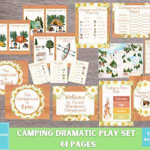 May include: A set of printable camping-themed dramatic play resources. Includes signs for campground store hours, fire risk, and a birdwatching checklist. Also features signs for campground areas, a map, and a welcome sign. The set is labeled "Camping Dramatic Play Set - 44 Pages."