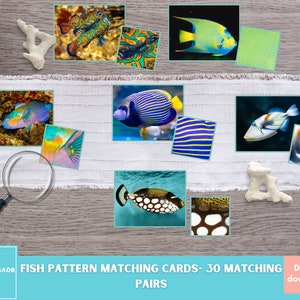 Activité d'association de motifs de poissons, compétences visuelles Montessori à imprimer, jeu de cartes Ocean Life coloré pour enfants