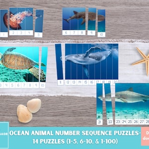 Peut inclure: Un ensemble de 14 puzzles de séquence numérique d'animaux marins imprimables pour enfants. Les puzzles présentent une méduse, un requin baleine, une tortue de mer, une baleine à bosse et un requin tigre. Les puzzles sont numérotés de 1 à 5, de 6 à 10 et de 1 à 100.