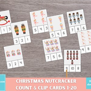 Cartões de contagem e clipe de quebra-nozes de Natal, imprimíveis para pré-escola, matemática para pré-escola, imprimíveis para educação domiciliar Montessori, atividade para pré-escola