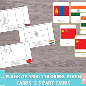 Páginas para colorir de bandeiras da Ásia, cartões flash de bandeiras da Ásia, cartões de 3 partes de bandeiras asiáticas Montessori, geografia para impressão, download digital