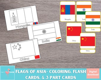 ASIA Flags Coloring Pages, Flags of Asia Flash Cards, Montessori Asian Flags 3 Part Cards, Geography Printable, Digital Download