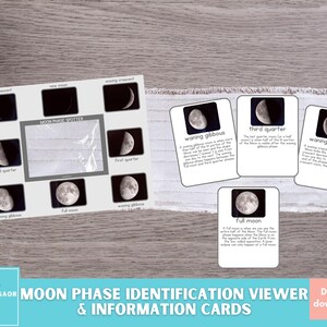 May include: A printable set of moon phase identification cards with images and descriptions of each phase. The cards include: new moon, waxing crescent, first quarter, waxing gibbous, full moon, waning gibbous, third quarter, and waning crescent.