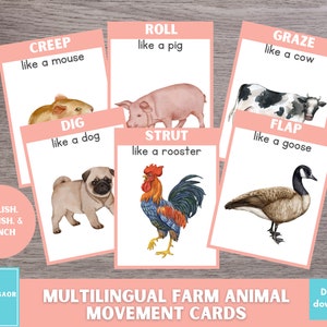 Cartes de déplacements d'animaux, Cartes de déplacements d'enfants multilingues, Cartes d'action, Activité préscolaire à imprimer, Espagnol pour enfants, Français pour enfants, École à la maison