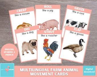 Farm Animal Movement Cards: Multilingual Action Cards (PDF)