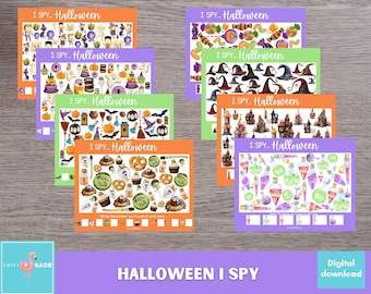 May include: Set of six printable Halloween I Spy game cards. Each card features a colorful illustration of Halloween themed objects, such as witches hats, pumpkins, and candy corn. The cards are designed for children to play a game of I Spy, where they must find and count the objects on each card.