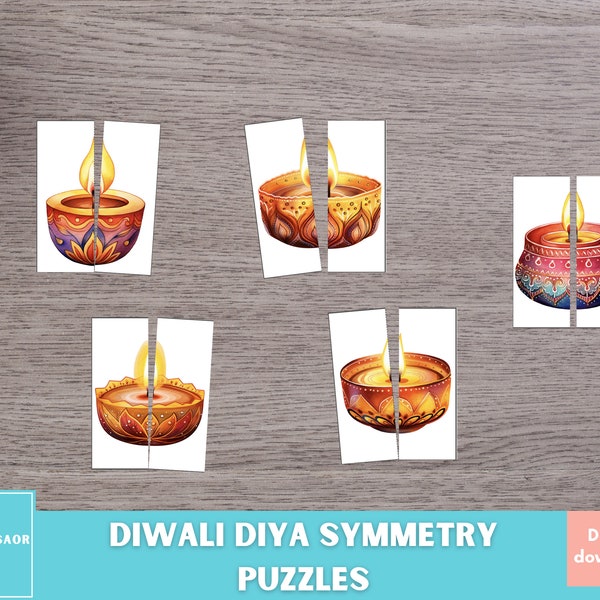 Diwali Symmetry Matching Puzzle, Preschool Printable, Homeschool Resource, Montessori Material, Kids Symmetry Activity