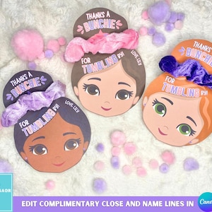 Gymnastik Thema Gastgeschenke, druckbare Turnerin Scrunchie Halter, personalisierte Haargummis Gastgeschenke, personalisierte Partygeschenke für Mädchen