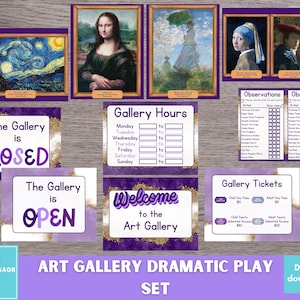 May include: A printable set of purple and gold themed art gallery play props. The set includes signs for "The Gallery is Closed", "The Gallery is Open", "Gallery Hours", "Welcome to the Art Gallery", "Gallery Tickets", and two observation sheets. The observation sheets have a list of famous artists and space to check off how many times each artist's work is seen.