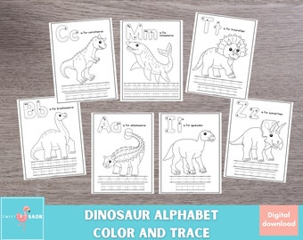 Dinosaur Coloring and Alphabet Letter Tracing Worksheets, Preschool Printable, Preschool Coloring Pages, Handwriting Practice