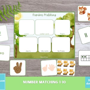 May include: A printable number matching activity for kids featuring a woodland theme with squirrels and a green background. The printable includes a number, number word, tally marks, fingers, objects, and a ten frame.