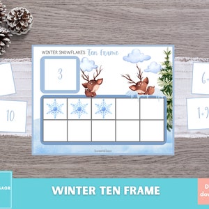 May include: A printable winter-themed ten frame activity with a blue background, snowflakes, and two deer. The ten frame has ten squares, and there are three snowflakes in the squares. There are also cards with numbers and math problems, such as 4, 10, 6+2, and 1+9.