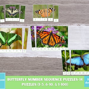 May include: A set of 14 printable butterfly number sequence puzzles for kids. The puzzles feature different butterfly species with vibrant colors, including green, blue, orange, and yellow. The puzzles are numbered 1-30 and are designed to help children learn number sequencing.