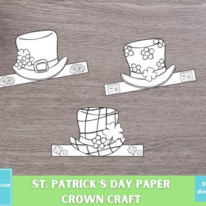 St Patrick's Day Papier Krone Handwerk, Papierhut Färbung, druckbare Kinder Handwerk Kostüm, Färbung Stirnbänder für Kinder