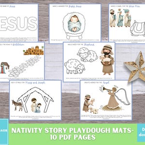 Tapetes de massinha de modelar com história de Natal, atividade de história bíblica sobre o nascimento de Jesus, tapetes de massinha de modelar para a natividade para imprimir para crianças na escola dominical