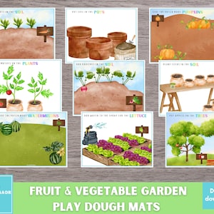 Könnte beinhalten: Ein Set aus zehn druckbaren Play-Doh-Matten mit Garten-Thema. Jede Matte hat ein anderes Gemüse oder Obst, das zum Garten hinzugefügt werden kann, wie Karotten, Tomaten, Radieschen, Kürbisse, Wassermelonen, Salat und Äpfel. Die Matten sind so konzipiert, dass Kinder beim Spielen mit Play-Doh verschiedene Früchte und Gemüse kennenlernen.