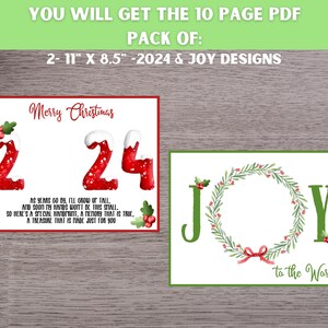 May include: Two printable Christmas card designs. The first card features red numbers 2 and 4 with snow on top and a holly sprig. The second card features a green wreath with red berries and the word "JOY" in green letters with red berries. The text on the first card reads "Merry Christmas" and "As years go by, I'll grow up tall, and soon my hands won't be this small, so here's a special handprint, a memory that is true, a treasure that is made just for you". The text on the second card reads "to the world".