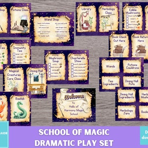 May include: A printable set of 16 colorful cards for a school of magic dramatic play set. The cards feature various classroom and activity areas, such as potions class, wand shop, library, herbology class, dining hall, and more. The cards are decorated with a purple and gold background with stars and a whimsical font.