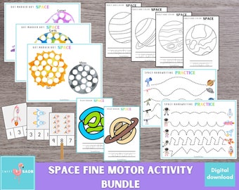 May include: A collection of space-themed educational printables. Includes dot marker art, tracing, and handwriting practice sheets. Features planets, rockets, astronauts, and the text "SPACE FINE MOTOR ACTIVITY BUNDLE". The bundle is a digital download.