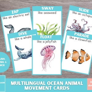 Ocean Animal Movement-kaarten, meertalige actiekaarten voor kinderen, afdrukbare activiteit voorschoolse, Spaans voor kinderen, Frans voor kinderen, thuisonderwijs