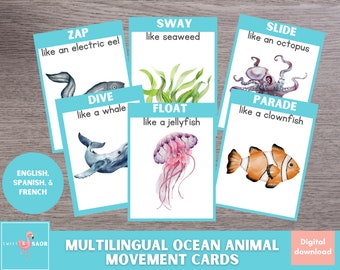 Ocean Animal Movement Cards: Multilingual Kids Activity (PDF)