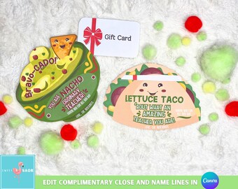 May include: Two printable teacher appreciation cards with a Mexican food theme. The first card features a green and red nacho dish with the text "Bravo-Cado! You are nacho ordinary teacher!" The second card features a green and red lettuce taco with the text "Lettuce taco 'bout what an amazing teacher you are!"