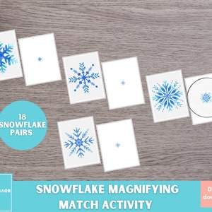 Actividad de combinación de copos de nieve, juego de lupa, material Montessori, actividad de invierno para preescolar y jardín de infantes