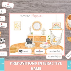Activité de prépositions, Lecture précoce à imprimer, Jeu de mots positionnel, Parties du discours, Ressource scolaire à la maison, Grammaire de la maternelle