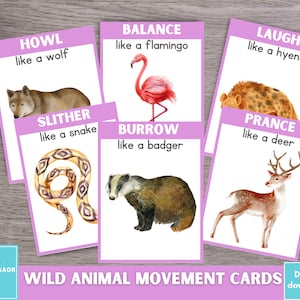 Beweegkaarten dieren, kalmerende activiteit, kinderbeweging, fitness voor kinderen, bewegingskaarten voor de klas, bewegingskaarten voor kinderen