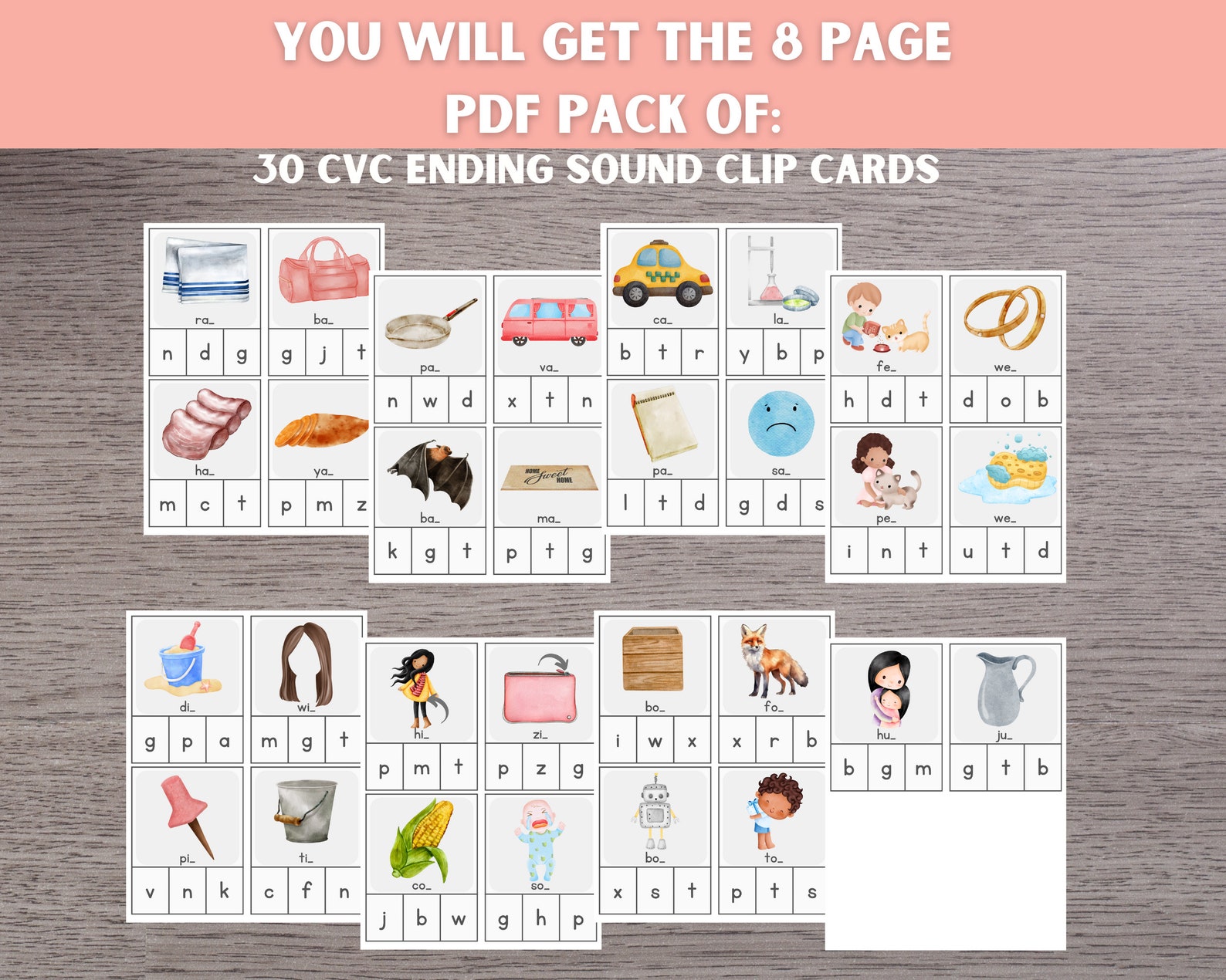 CVC Ending Sound Clip Cards: Phonics Printable Activity (PDF) - Etsy