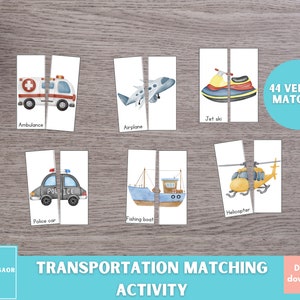 Actividad de emparejamiento de vehículos, juego de emparejamiento de medios de transporte, tarjetas de simetría, actividad de emparejamiento para niños pequeños, imprimible para preescolar