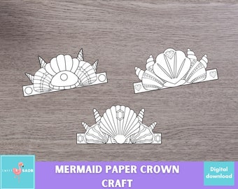 Mermaid Paper Crown Craft, Paper Hat Coloring, Printable Kids Craft Costume, Coloring Headbands for Kids