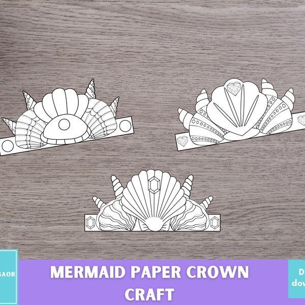 Mermaid Paper Crown Craft, Paper Hat Coloring, Printable Kids Craft Costume, Coloring Headbands for Kids
