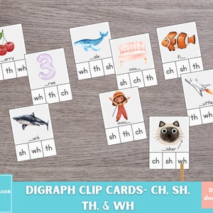 Tarjetas con clips para dígrafos, dígrafos iniciales, dígrafos finales, práctica fonética, centros, recursos para la educación en el hogar, alfabetización temprana, combinaciones de letras
